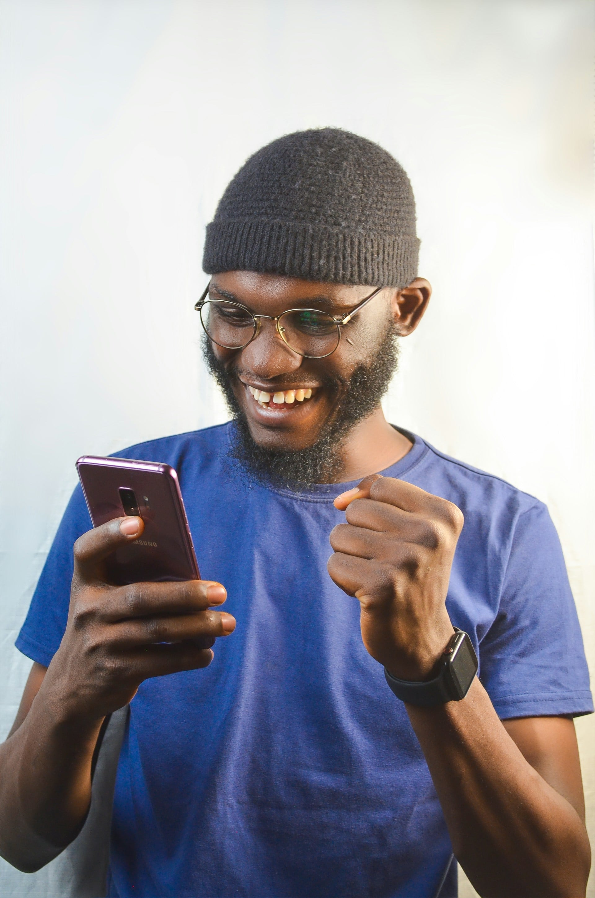 Portrait smiling african american entrepreneur man browsing management information