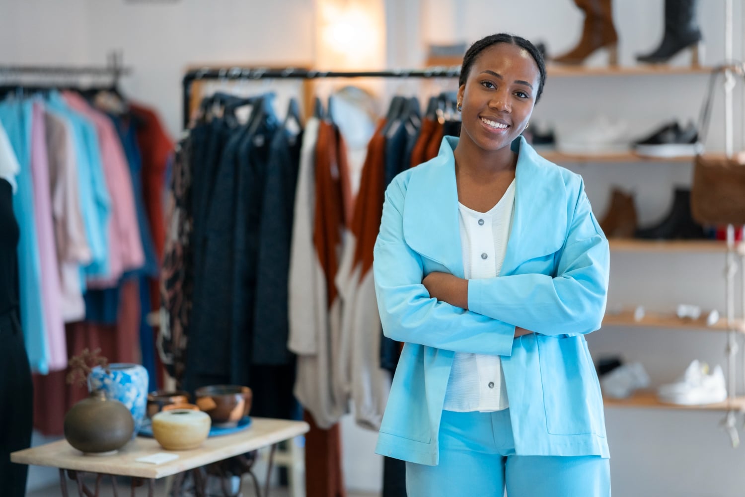 Smiling woman with wireless headphones watching entertainment show laptop while sitting desk african american freelancer looking funny social media content portable computer